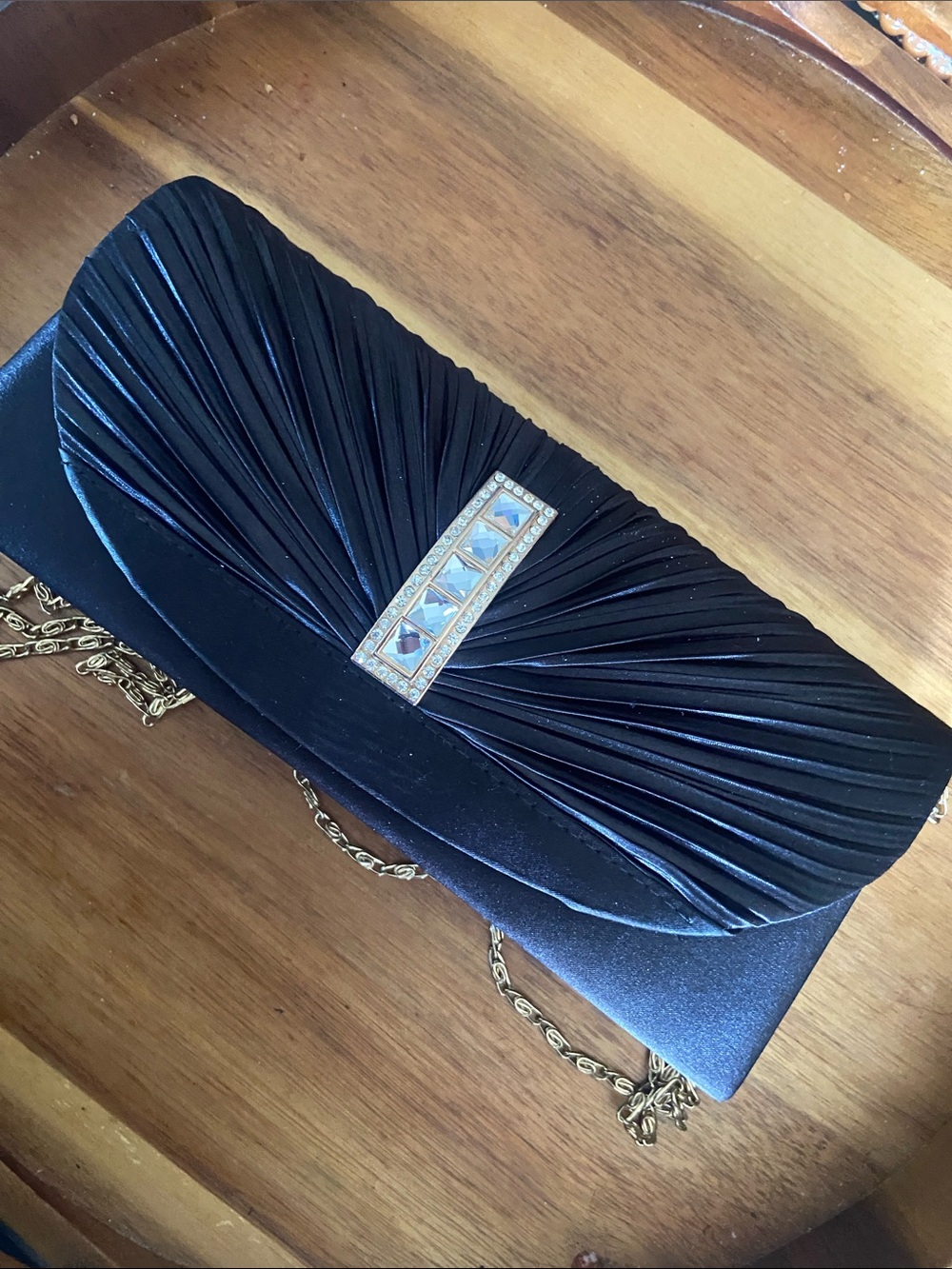 Elegant Black Satin Evening Clutch with Gold Chain